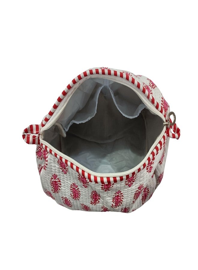 Doraya Hand Block Printed Cotton Quilted Floral Toiletry Bag 3 Piece Combo Set Waterproof Traveller Cosmetic Bags (White 9) - Image 4
