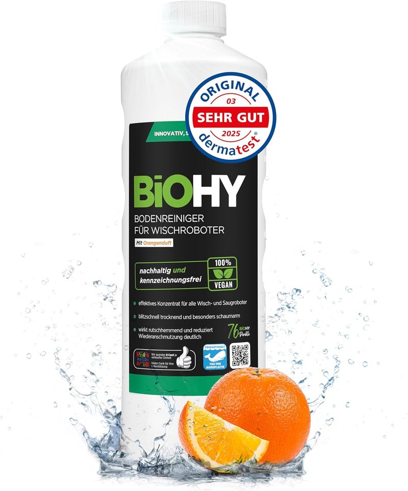 BIOHY منظف أرضيات BiOHY لروبوتات الممسحة برائحة البرتقال (زجاجة 1 لتر) | عامل تنظيف مركز لجميع روبوتات الممسحة | رغوة منخفضة وخالٍ من البقع | مركز مستدام بنسبة 1:200 مواد متينة متنوعة - Image 1