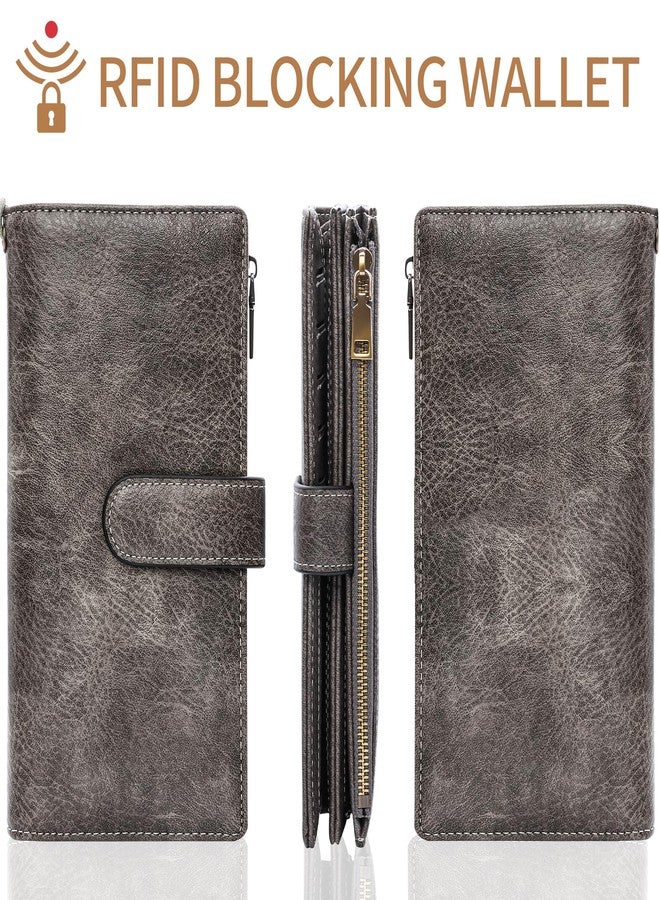 XINNSTAR Womens Wallet RFID Blocking Large Capacity Credit Card Holder Long Purses for Women with Wristlet Pocket ID Window, Gray, 7.87 x 4.33 x 1.18 inches, Retro - Image 4