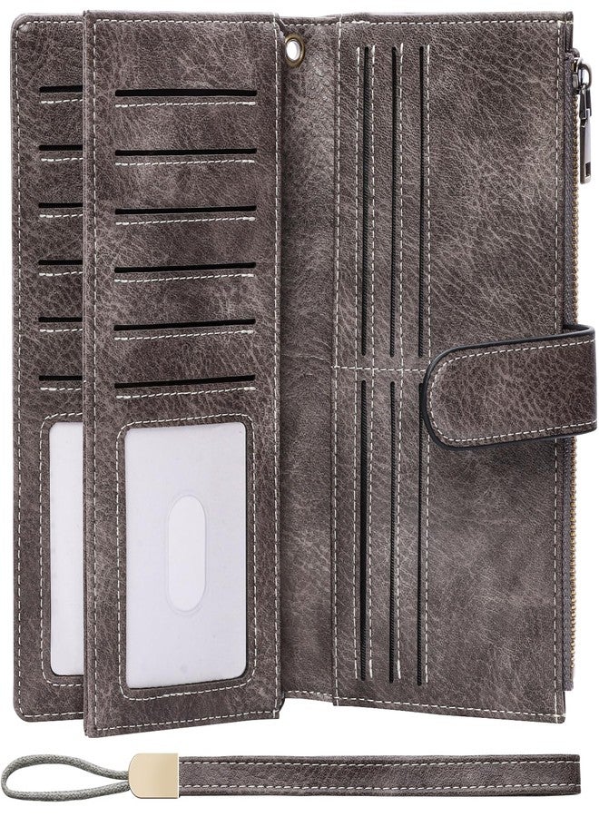 XINNSTAR Womens Wallet RFID Blocking Large Capacity Credit Card Holder Long Purses for Women with Wristlet Pocket ID Window, Gray, 7.87 x 4.33 x 1.18 inches, Retro - Image 1