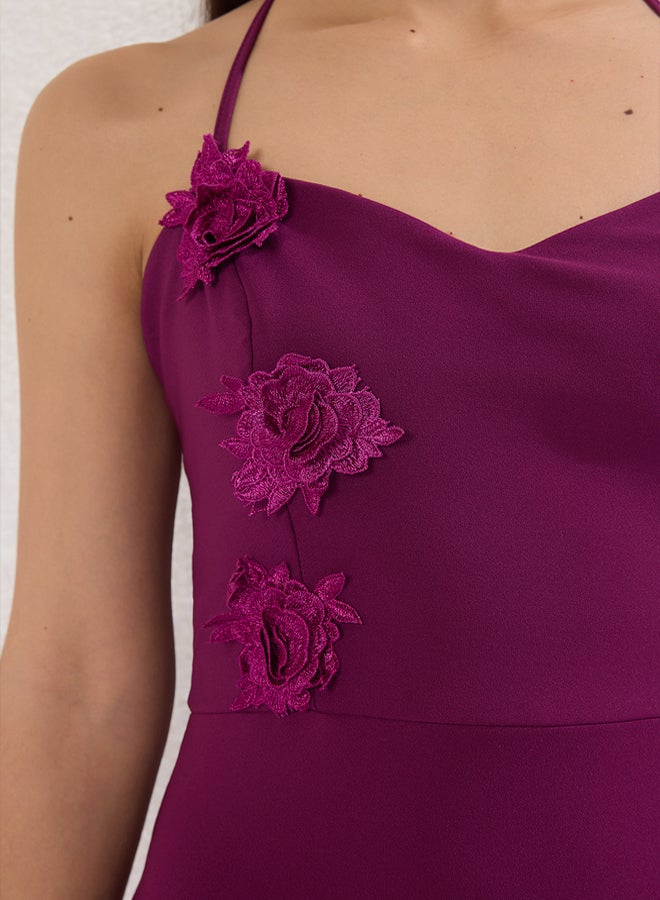 trendyol Plum Rose Detailed Woven Long Elegant Evening Night Graduation Dress - Image 3