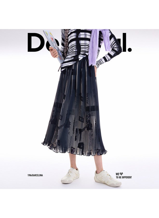 DESIGUAL تنورة ميدي مطبوعة بالصحف السوداء ذات الطيات الجديدة AW25 - Image 3