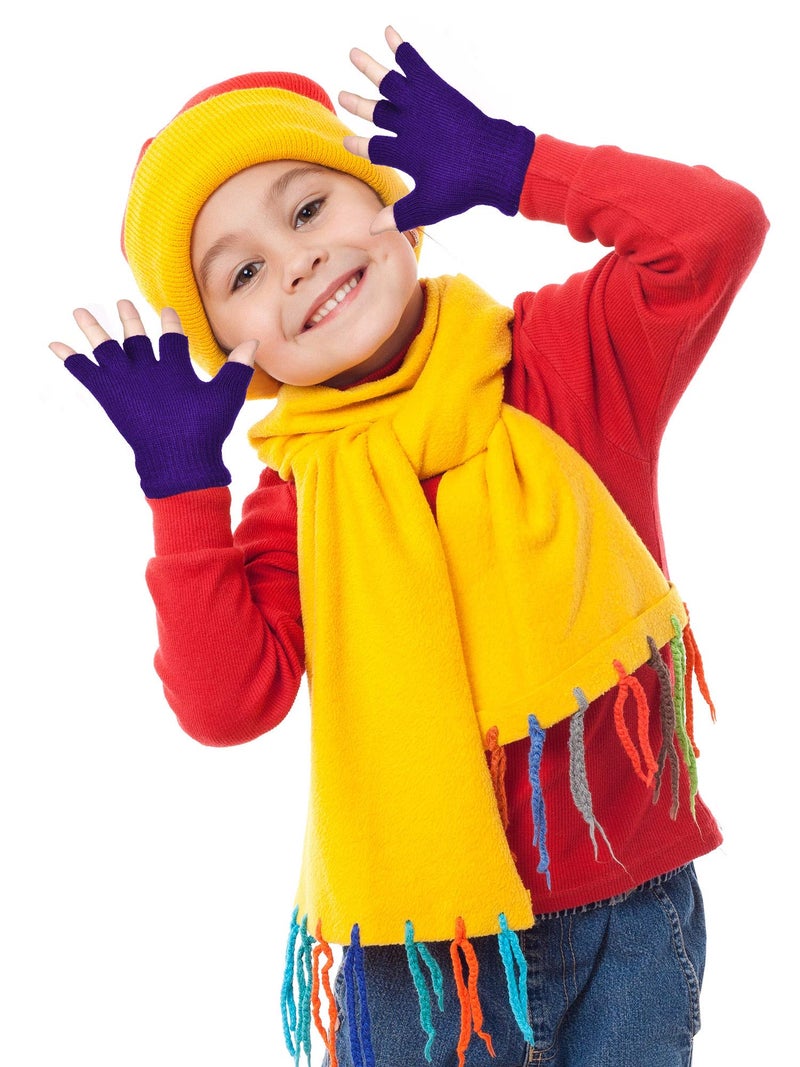 Bememo 4 Pairs Fingerless Gloves Half Finger Mittens Winter Solid Color Typing Knitted Gloves for Boys and Girls(Purple, Green, Royal Blue, Sky Blue) - Image 3