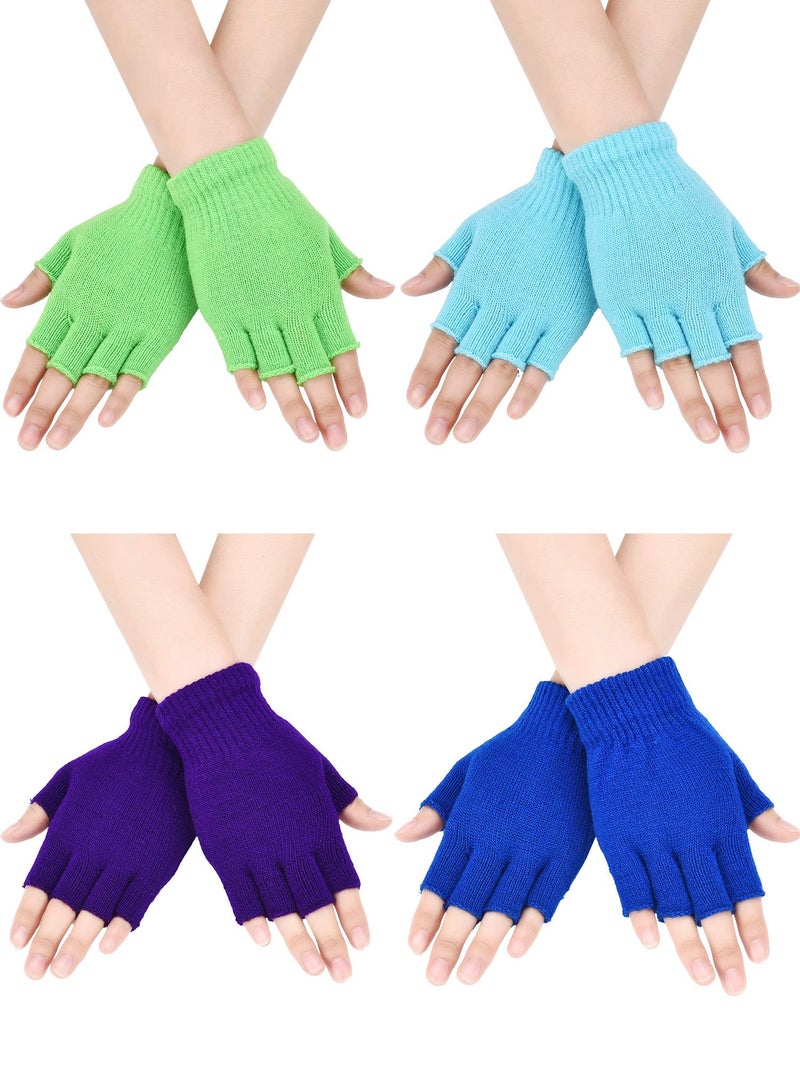 Bememo 4 Pairs Fingerless Gloves Half Finger Mittens Winter Solid Color Typing Knitted Gloves for Boys and Girls(Purple, Green, Royal Blue, Sky Blue) - Image 1