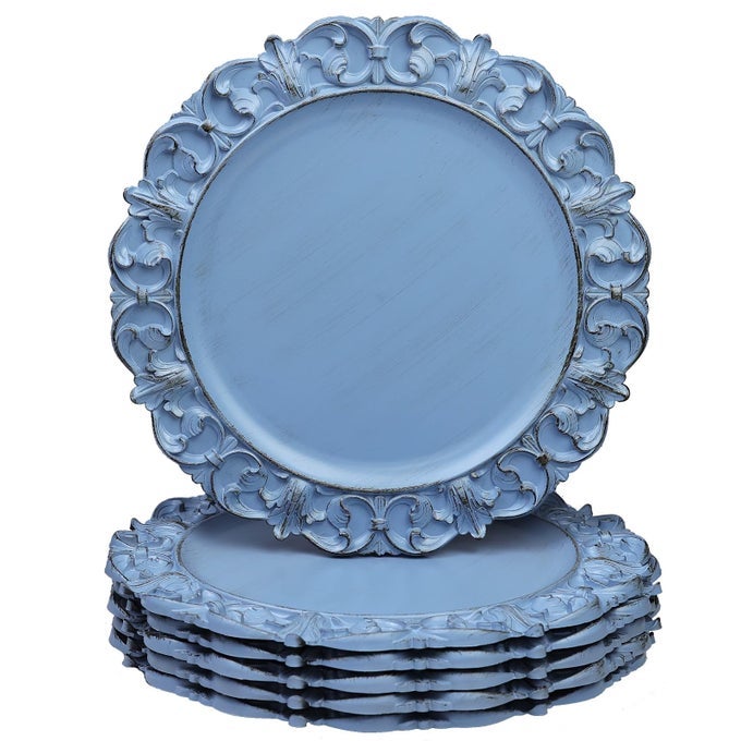 13 ANTIQUE BLUE CHARGER PLATES SET OF 6 PLASTIC TEXTURED CHARGERS FOR DINNER PLATES WITH EMBOSSED RIM TABLE DCOR PARTY WEDDING HOLIDAY