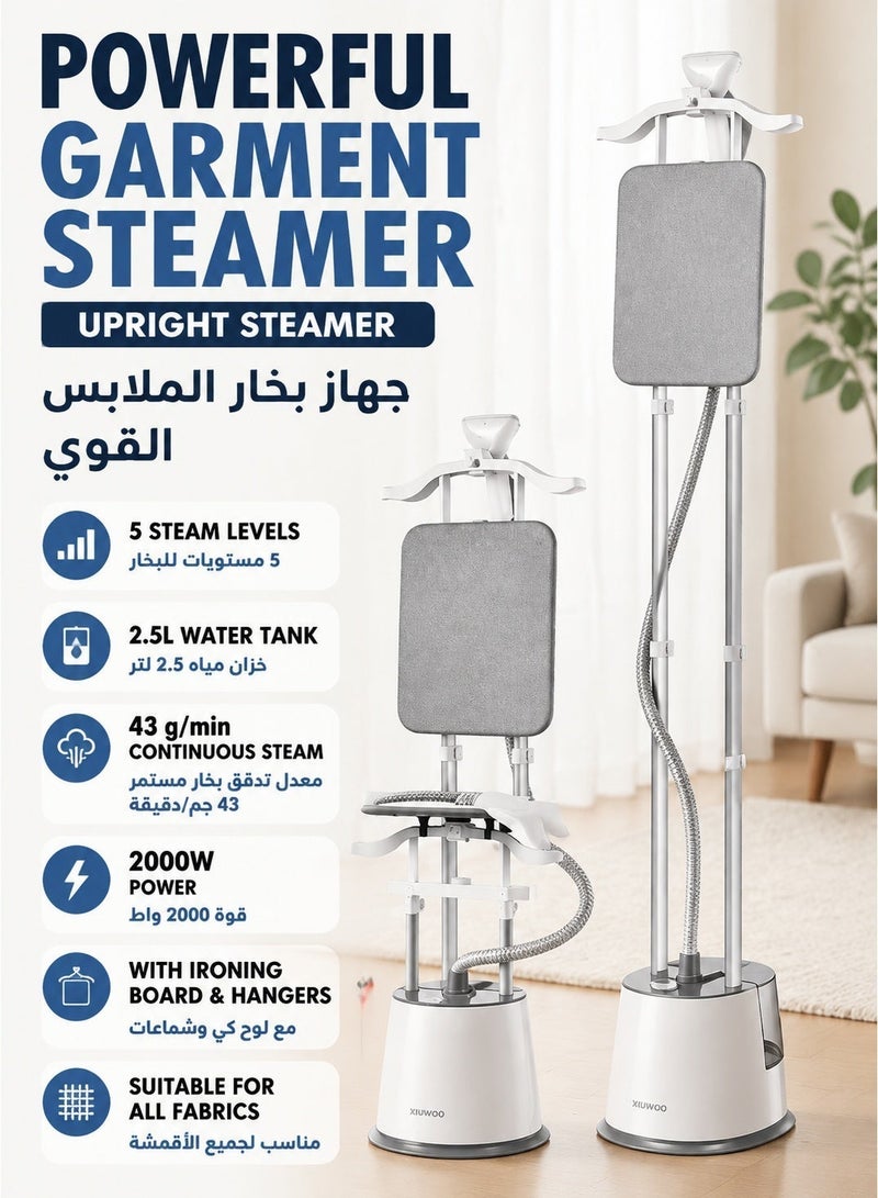 XiuWoo Powerful Garment Steamer Upright, 5 Steam Level Heavy Duty Clothes Steamer With With Ironing Board, And Hangers, 43 G/min Continuous Steam Rate, 2000w, 2.5l Water Tank, Suitable For All Fabrics, Grey - Image 1