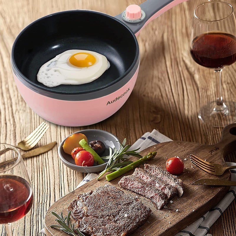 Audecook أوديكوك وعاء كهربائي للطهي، مقلاة صغيرة كهربائية محمولة غير لاصقة مع تعديل الطاقة، طباخ رامين سريع، وعاء كهربائي متعدد الاستخدامات للسفر للحساء/البيض/الستيك (وردي/1.5 لتر مع مبخرة) - Image 5
