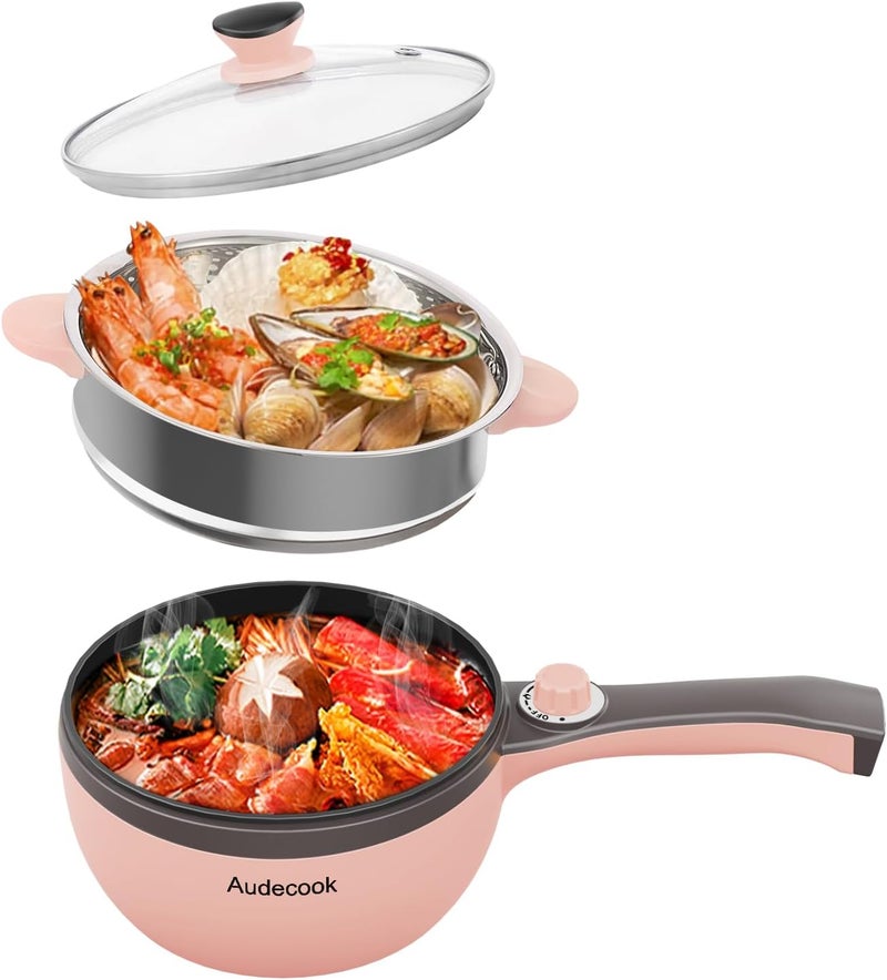 Audecook أوديكوك وعاء كهربائي للطهي، مقلاة صغيرة كهربائية محمولة غير لاصقة مع تعديل الطاقة، طباخ رامين سريع، وعاء كهربائي متعدد الاستخدامات للسفر للحساء/البيض/الستيك (وردي/1.5 لتر مع مبخرة) - Image 1