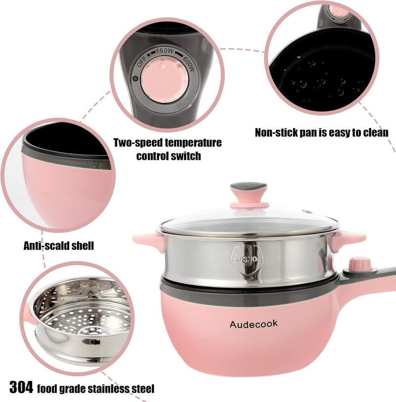 Audecook أوديكوك وعاء كهربائي للطهي، مقلاة صغيرة كهربائية محمولة غير لاصقة مع تعديل الطاقة، طباخ رامين سريع، وعاء كهربائي متعدد الاستخدامات للسفر للحساء/البيض/الستيك (وردي/1.5 لتر مع مبخرة) - Image 3