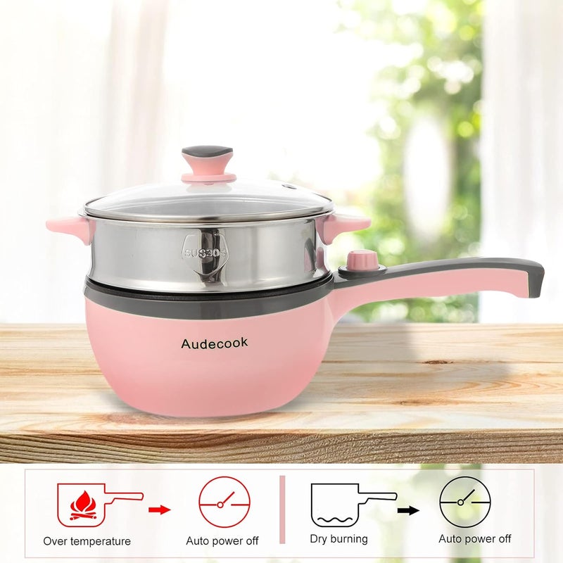Audecook أوديكوك وعاء كهربائي للطهي، مقلاة صغيرة كهربائية محمولة غير لاصقة مع تعديل الطاقة، طباخ رامين سريع، وعاء كهربائي متعدد الاستخدامات للسفر للحساء/البيض/الستيك (وردي/1.5 لتر مع مبخرة) - Image 4