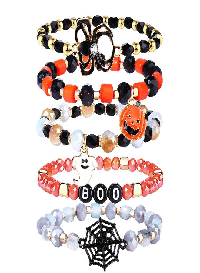BVGA Halloween Beaded Bracelets Pumpkin Spider Ghost Charms Bracelets BOO Happy Halloween Stretch Bracelets Set Holiday Gift - Image 1