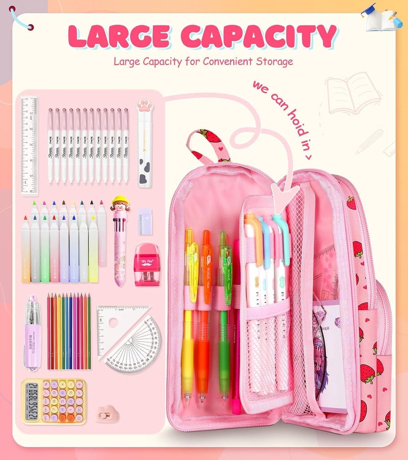 Dravina Canvas Large Capacity Pencil Pouch with 3 Zippers & 5 Compartments| Aesthetic Stationary Standing Pencil Case| Waterproof School Box for Girls & Boys Unicorn Pencil Box (Pink Strawberry) - Image 4