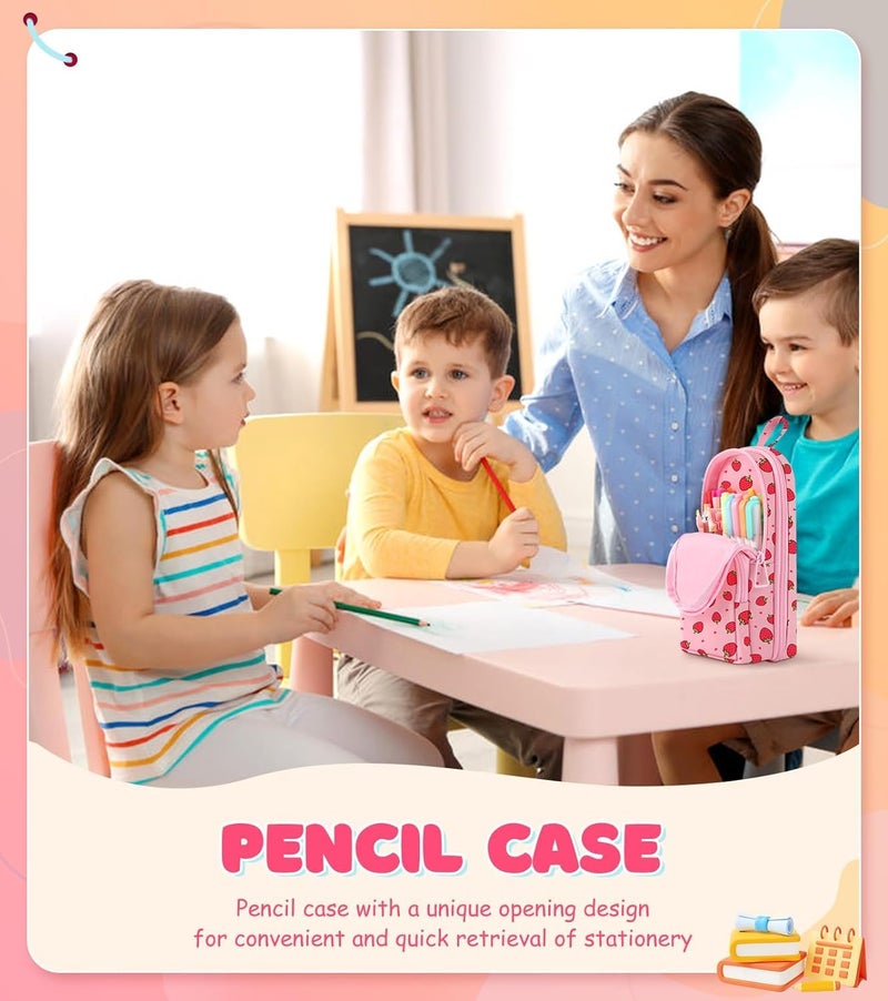 Dravina Canvas Large Capacity Pencil Pouch with 3 Zippers & 5 Compartments| Aesthetic Stationary Standing Pencil Case| Waterproof School Box for Girls & Boys Unicorn Pencil Box (Pink Strawberry) - Image 5