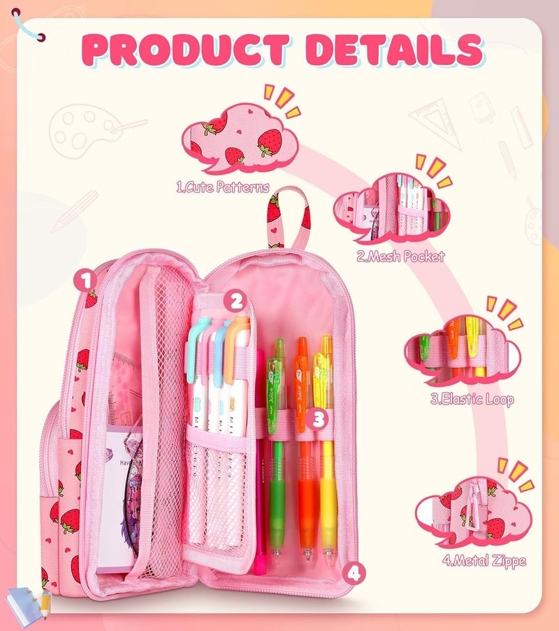 Dravina Canvas Large Capacity Pencil Pouch with 3 Zippers & 5 Compartments| Aesthetic Stationary Standing Pencil Case| Waterproof School Box for Girls & Boys Unicorn Pencil Box (Pink Strawberry) - Image 3