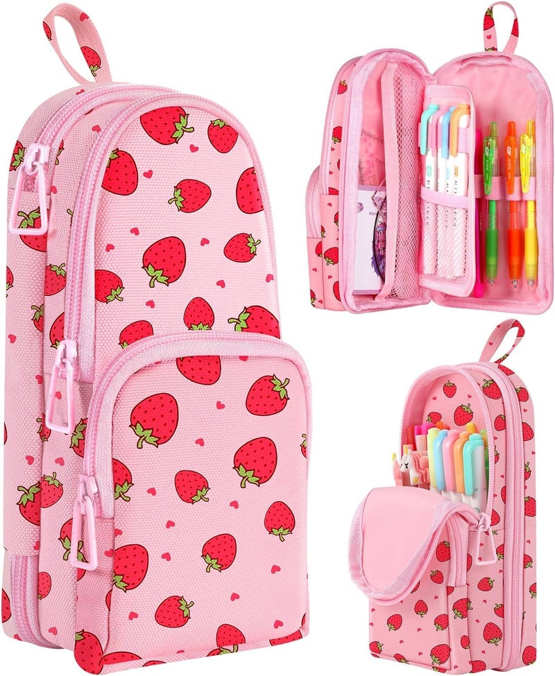 Dravina Canvas Large Capacity Pencil Pouch with 3 Zippers & 5 Compartments| Aesthetic Stationary Standing Pencil Case| Waterproof School Box for Girls & Boys Unicorn Pencil Box (Pink Strawberry) - Image 1