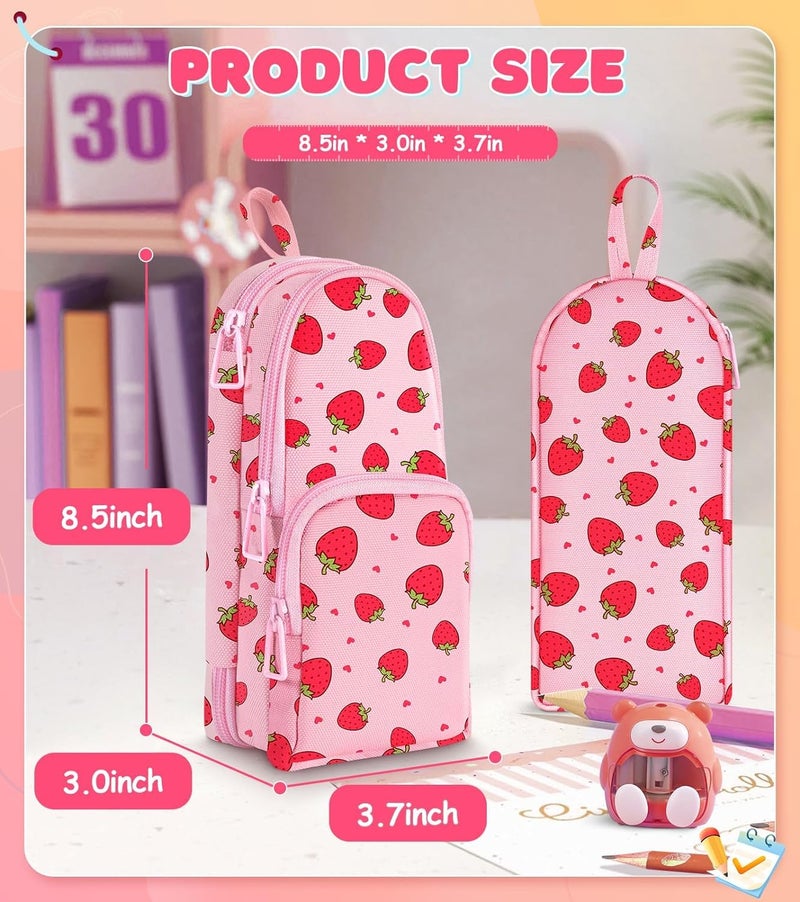 Dravina Canvas Large Capacity Pencil Pouch with 3 Zippers & 5 Compartments| Aesthetic Stationary Standing Pencil Case| Waterproof School Box for Girls & Boys Unicorn Pencil Box (Pink Strawberry) - Image 2