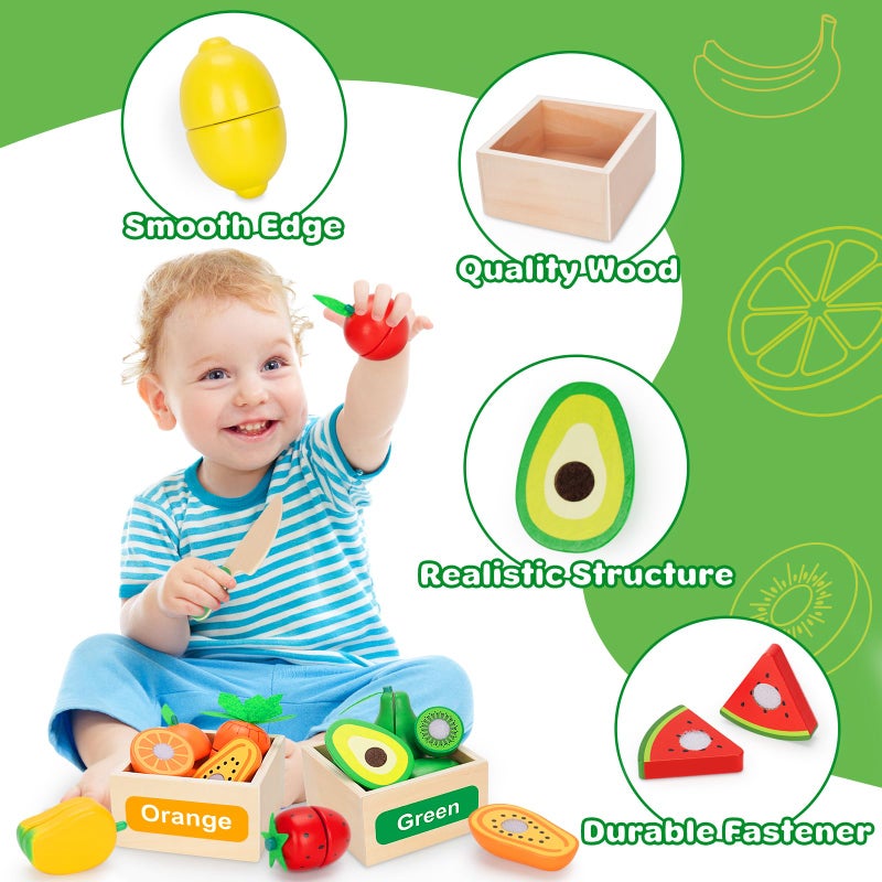 TooyBing Wooden Play Food Toy Set for Kids Kitchen - 30 Pcs Montessori Cutting & Color Sorting Fake Fruit Accessories with 4 Boxes, Play Toys for Toddlers 3, Birthday Gifts for Boys Girls - Image 3