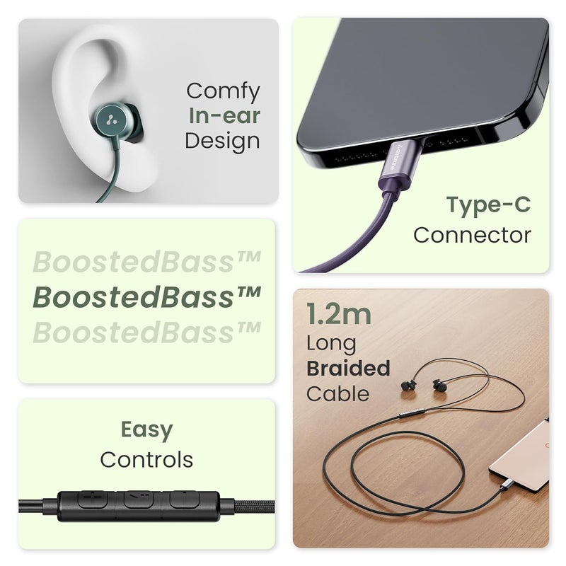 AMBRANE Type C Wired in Ear Earphones with in-Line Mic for Clear Calling,1.2M Cable,10Mm Dynamic Drivers for Boostedbass,Control Buttons for iPhone 15,Samsung&Type C Devices (Stringz 38C, Purple) - Image 2