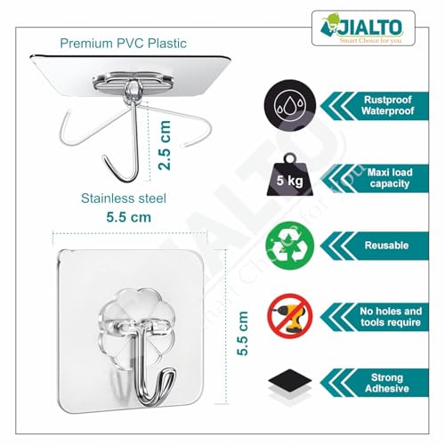 JIALTO Adhesive Hooks, Heavy Duty 5 kg Wall Hooks, Nail-Free Reusable Stainless Steel Sticky Hangers for Multipurpose Kitchen, Bathroom & Home (10 Pcs) - Image 2