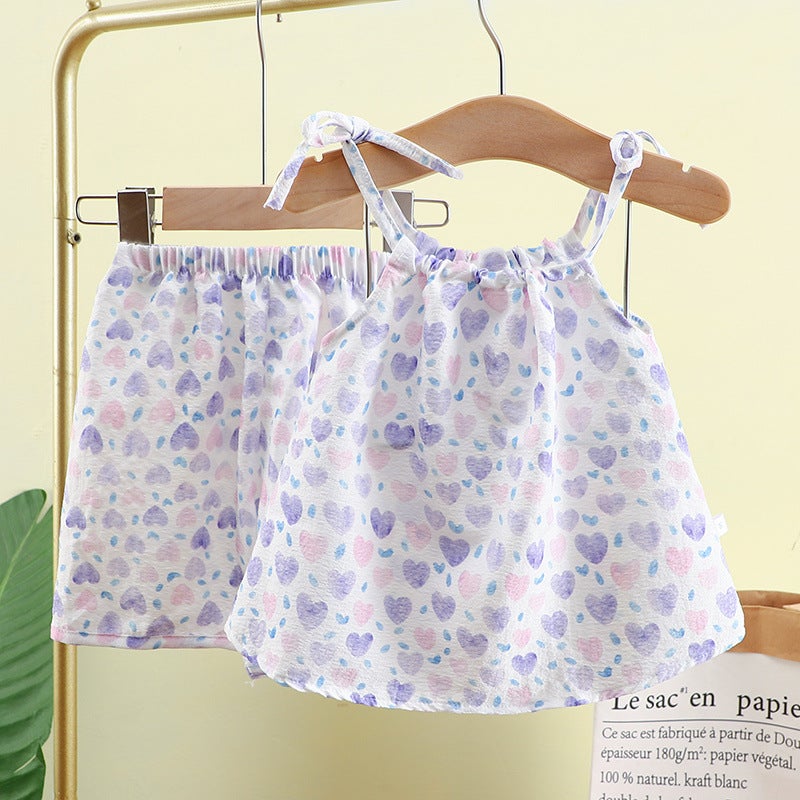 New Summer Oil Painting Style Suspender Suit For Girls, Suspender Culottes Two-Piece Set, Internet Celebrity Baby Girl'S Fashionable Vest Dress - Image 4