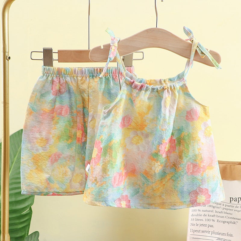 New Summer Oil Painting Style Suspender Suit For Girls, Suspender Culottes Two-Piece Set, Internet Celebrity Baby Girl'S Fashionable Vest Dress - Image 3