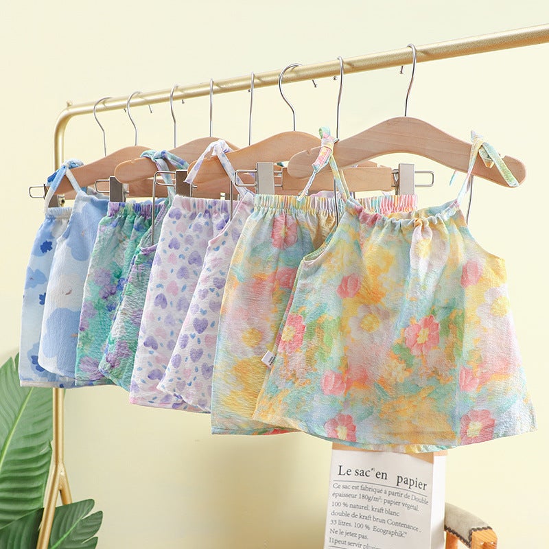 New Summer Oil Painting Style Suspender Suit For Girls, Suspender Culottes Two-Piece Set, Internet Celebrity Baby Girl'S Fashionable Vest Dress - Image 2