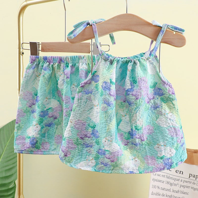 New Summer Oil Painting Style Suspender Suit For Girls, Suspender Culottes Two-Piece Set, Internet Celebrity Baby Girl'S Fashionable Vest Dress - Image 5