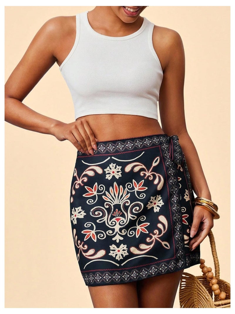 MakeMeChic Women's Summer Boho Wrap Mini Skirt Beach Vacation Short Skirts Black X-Small - Image 3