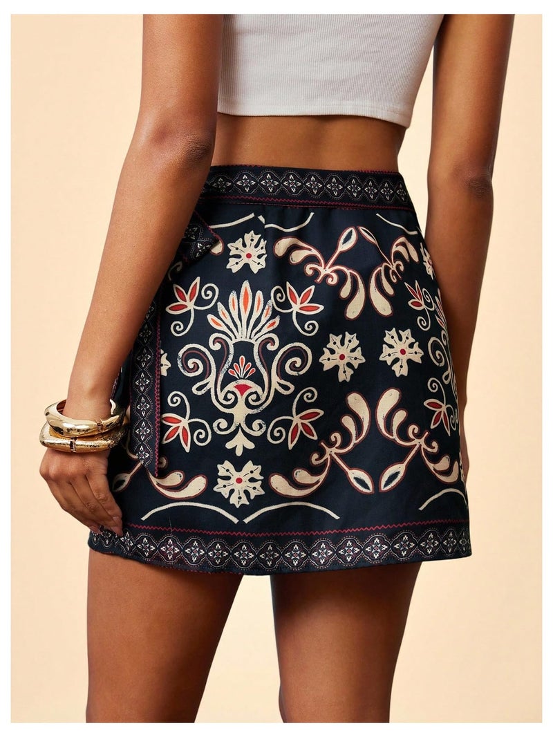 MakeMeChic Women's Summer Boho Wrap Mini Skirt Beach Vacation Short Skirts Black X-Small - Image 4