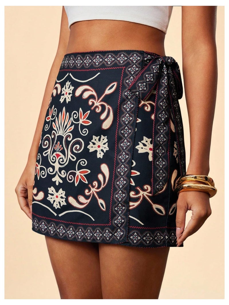 MakeMeChic Women's Summer Boho Wrap Mini Skirt Beach Vacation Short Skirts Black X-Small - Image 2