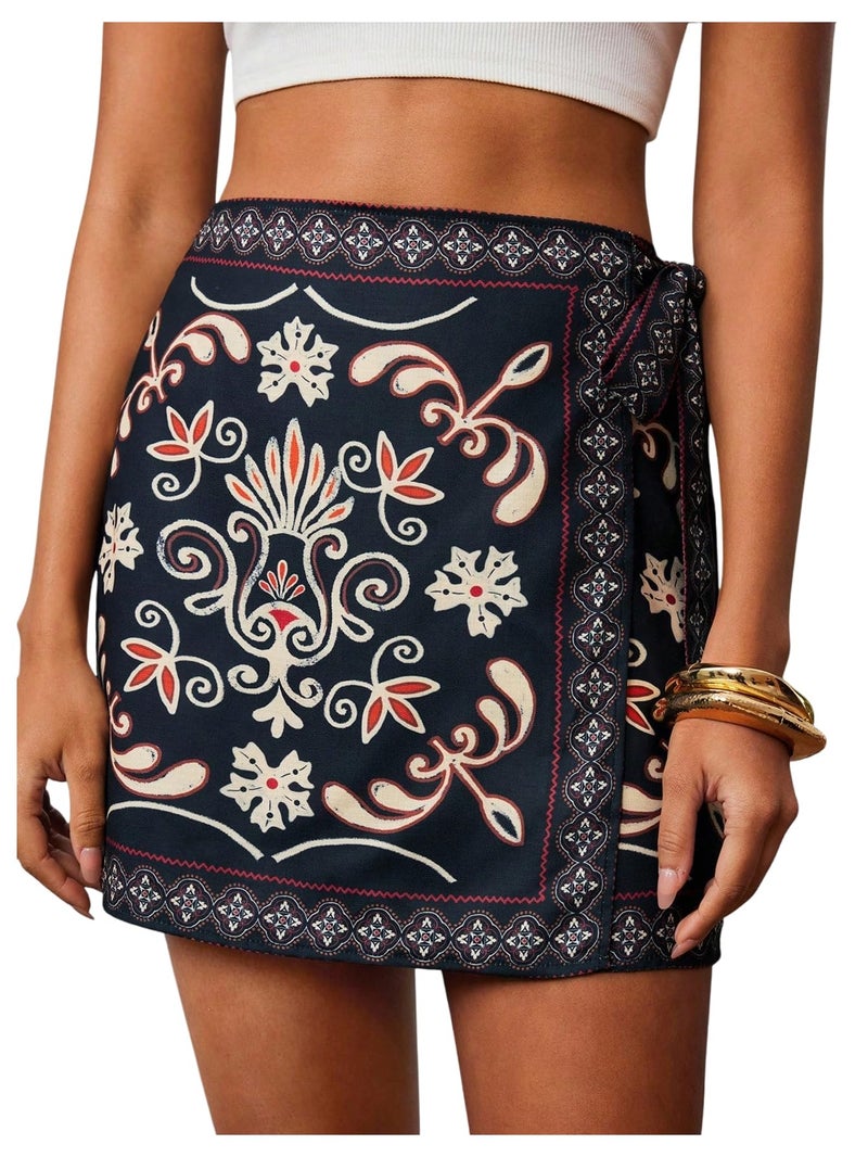 MakeMeChic Women's Summer Boho Wrap Mini Skirt Beach Vacation Short Skirts Black X-Small - Image 1