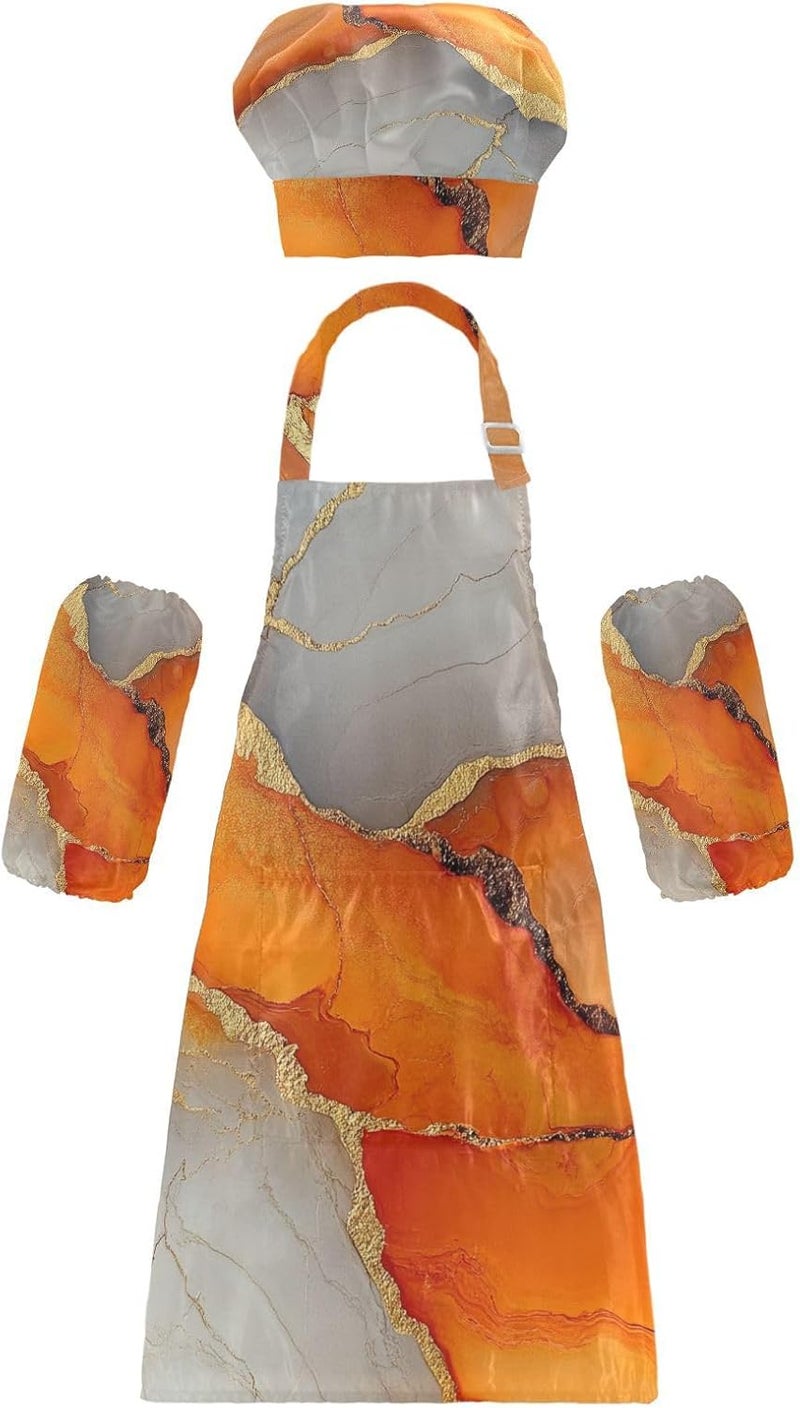 Kid Paint Smock Cute Marble Orange Gold Kids Apron Chef Hat Set for Children 3-12 Years Old - Image 1