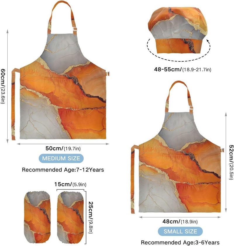 Kid Paint Smock Cute Marble Orange Gold Kids Apron Chef Hat Set for Children 3-12 Years Old - Image 3