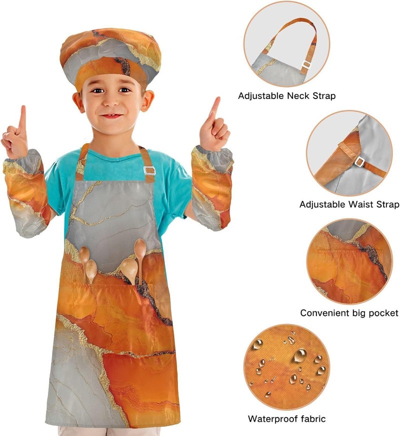Kid Paint Smock Cute Marble Orange Gold Kids Apron Chef Hat Set for Children 3-12 Years Old - Image 4