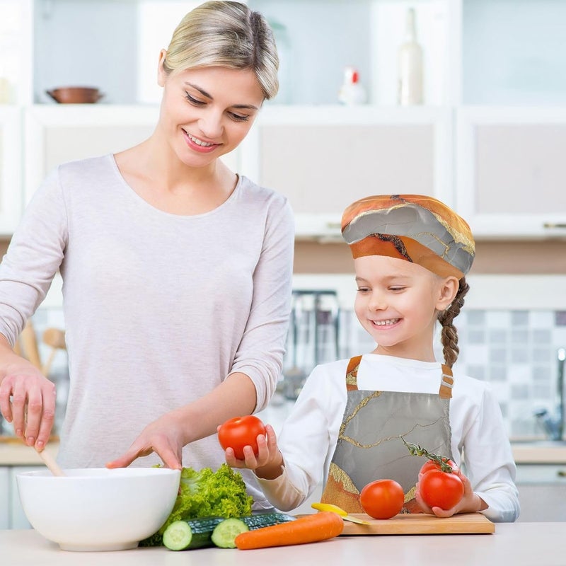 Kid Paint Smock Cute Marble Orange Gold Kids Apron Chef Hat Set for Children 3-12 Years Old - Image 5