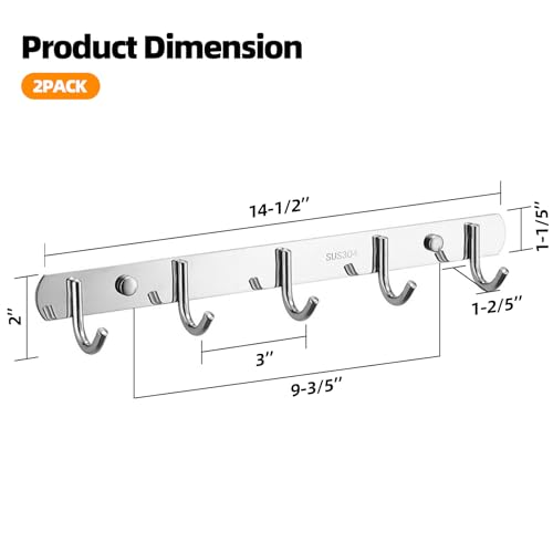 TooCust Wall Hooks for Hanging, Silver Coat Rack Wall Mount with 5 Coat Hooks 14.5", 304 Stainless Steel,Towel Hanger, Hat Hooks, Robes Hook in Bathroom, Bedroom, Kitchen, Living Room (2 Pack) - Image 2