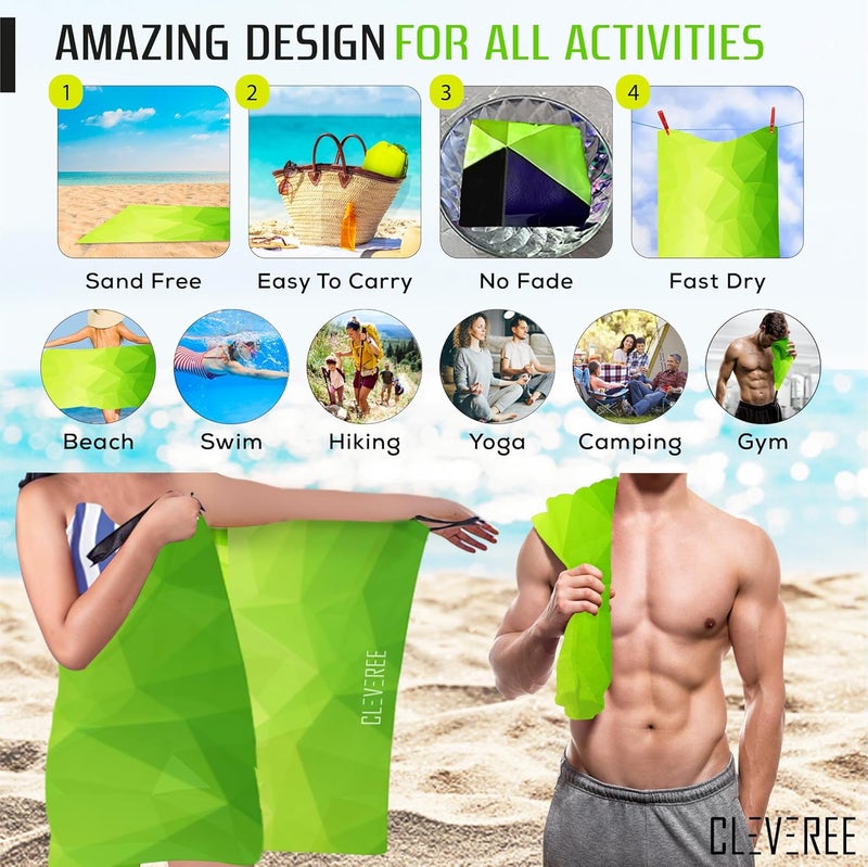 CLEVEREE Beach and Gym Towel for Men Women - Microfiber Swimming Pool Towel - Fast-Drying With Carry Bag - Extra Large 150x90 cm and 50x25 cm (Green Neon) - Image 5