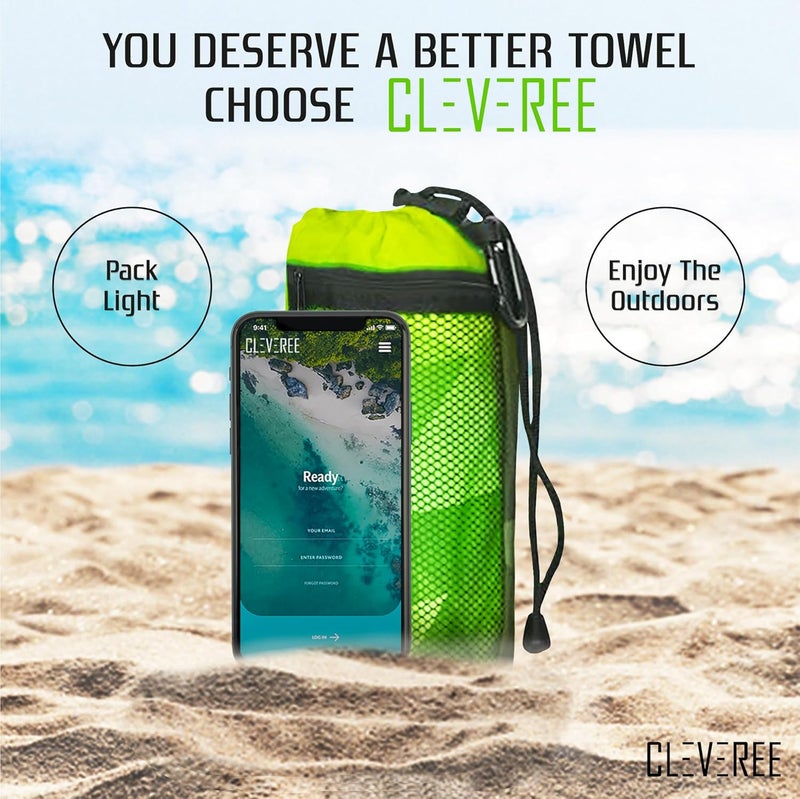 CLEVEREE Beach and Gym Towel for Men Women - Microfiber Swimming Pool Towel - Fast-Drying With Carry Bag - Extra Large 150x90 cm and 50x25 cm (Green Neon) - Image 2