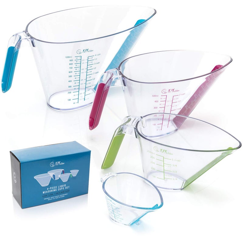 KPKitchen 4-Piece Angled Liquid Measuring Cups Plastic Set - Mini Oz  1  2 And 4 Plastic Measuring Cup Sizes - Plastic Measuring Cups For Liquids With Ml & Cups Measures - Kpkitchen Small & Large Measure Cup - Image 1