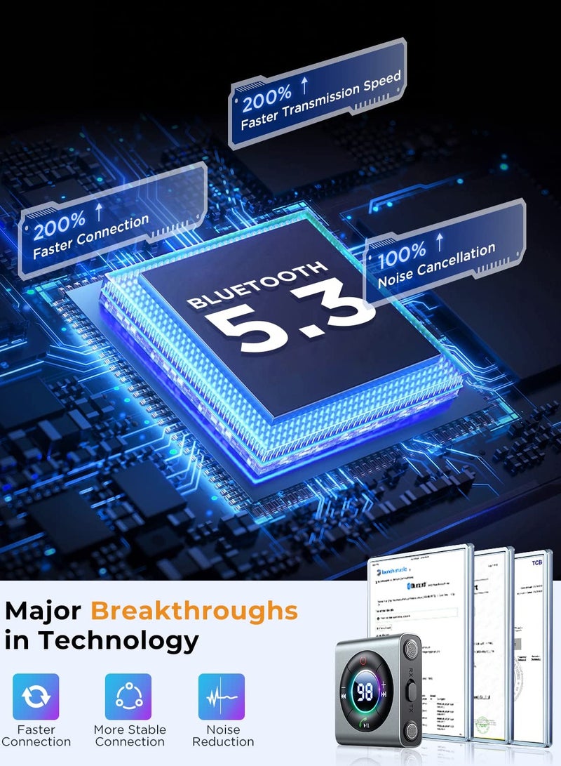 Zikra Bluetooth 5.3 Car Adapter, Transmitter Receiver 2 in 1, Enhanced Dual Mics & LED Digital Display 3.5mm AUX Adapter, Bluetooth Wireless Adapter for Car Audio/Home Stereo/TV/Airplane/PC/Speaker, Metal - Image 4