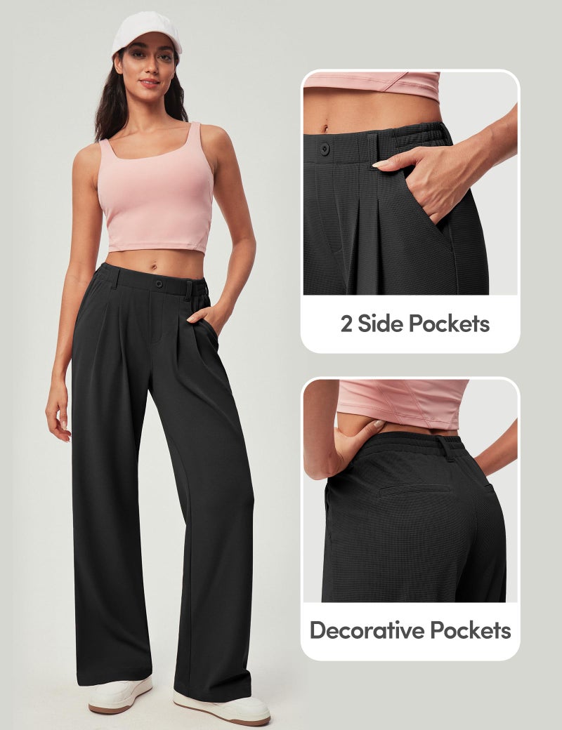 IUGA Wide Leg Pants Woman Pull on Stretchy Work Dress Pants High Waisted Business Casual Trousers Slacks Standard, Meduim, Black - Image 5