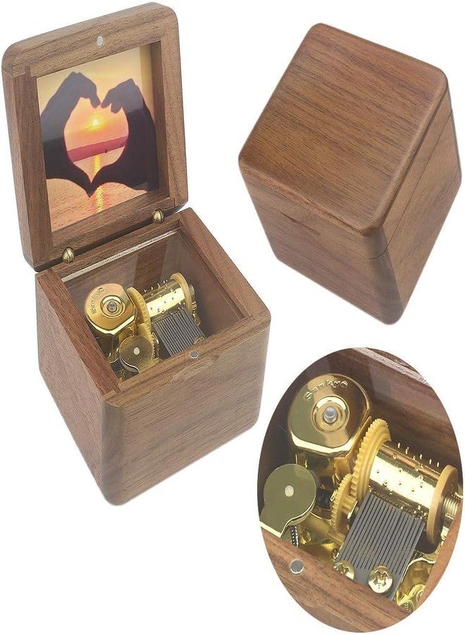 Sinzyo Natural Wooden Music Box with Customizable Photos Wind Up Musical Box Gifts for Christmas,Birthday and Valentine's Day(Simple Walnut, Tone:Can't Help Falling in Love) - Image 1