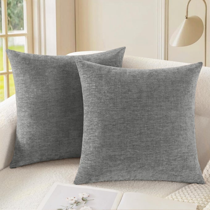 THROW PILLOW COVERS DECORATIVE 18 X 18 INCHES PACK OF 2 COZY CHENILLE CUSHION CASES FOR COUCH SOFA BED LIVING ROOM HOME MEDIUM GREY