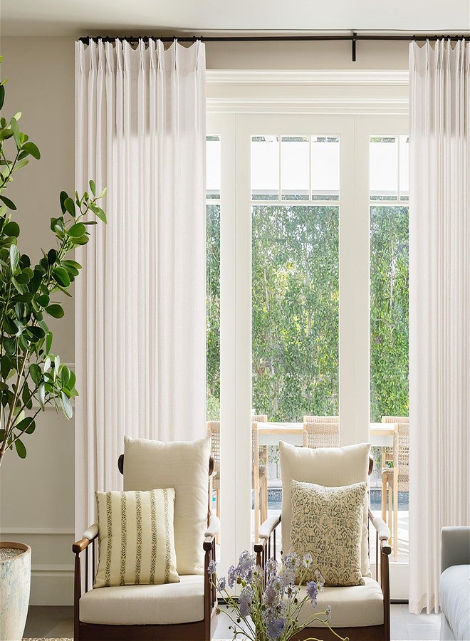 DUKIYO Pinch Pleat Extra Wide 72 x 108 Inch Linen Curtains for Living Room Divider Pleated Drapes with Hooks Rings Light Filter Semi Sheer Cream Ivory Patio Sliding Door Big Window Curtains 108 Inch Length - Image 1