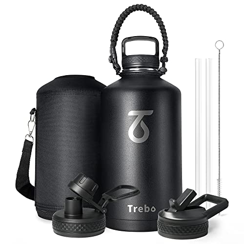 Trebo One Gallon Water Bottle Insulated with Paracord Handle128oz Large Vacuum Double Wall Stainless Steel Insulated Jug with Straw Spout Handle Lids Leakproof Keep Cold  HotBlack