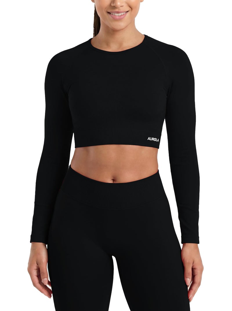 AUROLA Serpent Snake Long Sleeve Shirts for Women Seamless Workout Crop Tops Crew Neck Cropped T Shirt Athletic YogaSolidBlackXS - Image 2