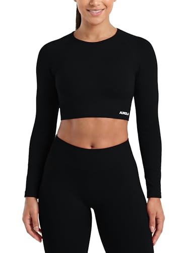 AUROLA Serpent Snake Long Sleeve Shirts for Women Seamless Workout Crop Tops Crew Neck Cropped T Shirt Athletic YogaSolidBlackXS - Image 1