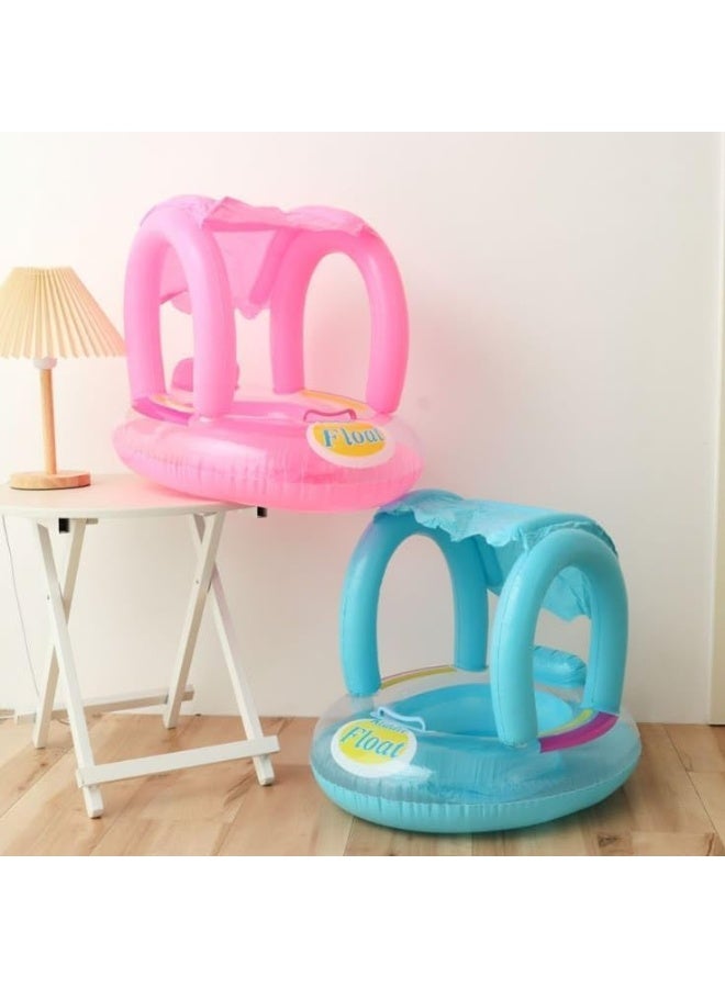 Inflatable Baby Swimming Ring with Canopy, Pink and Blue | Built-in infant seat, sun protection, pool use, easy to inflate, toddler - Image 1