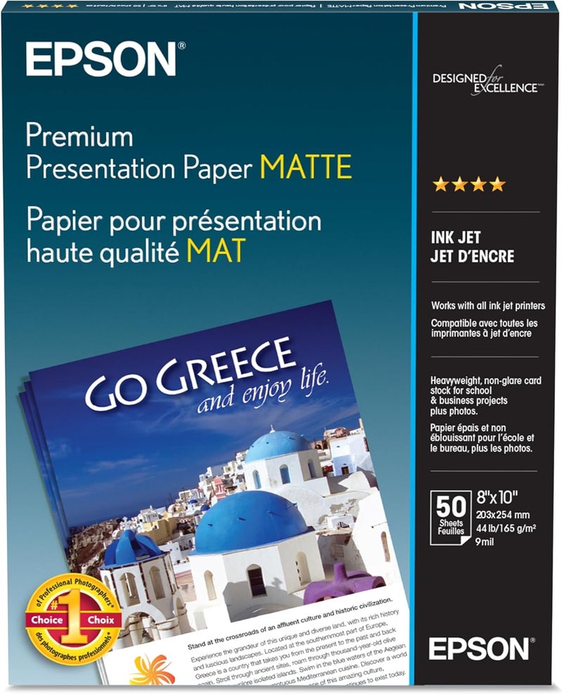 EPSON ورق عرض متميز غير لامع (8x10 بوصة، 50 ورقة) (S041467) أبيض ساطع - Image 1