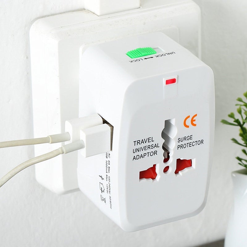 HIVER International Travel Adapter 2 USB Charging Port Smart Wall Charger Allinone Universal Plug USJP UK EU AUCN Worldwide Outlets AC Socket Surge Protector White - Image 1